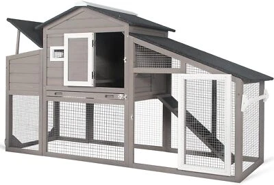 PetsCosset Chicken Coop Wooden Backyard Hen House with Pull Out Trays，Grey