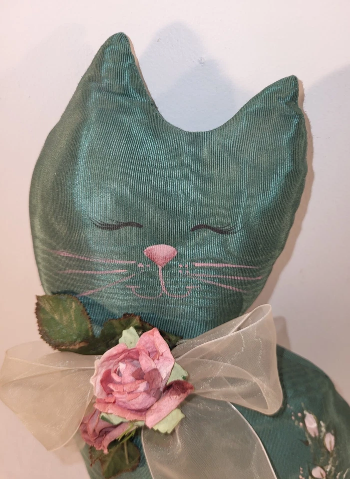 Almohada de gato satinado verde esmeralda vintage pintada a mano decoración del hogar amantes de los gatos retro Foto 4 de 4