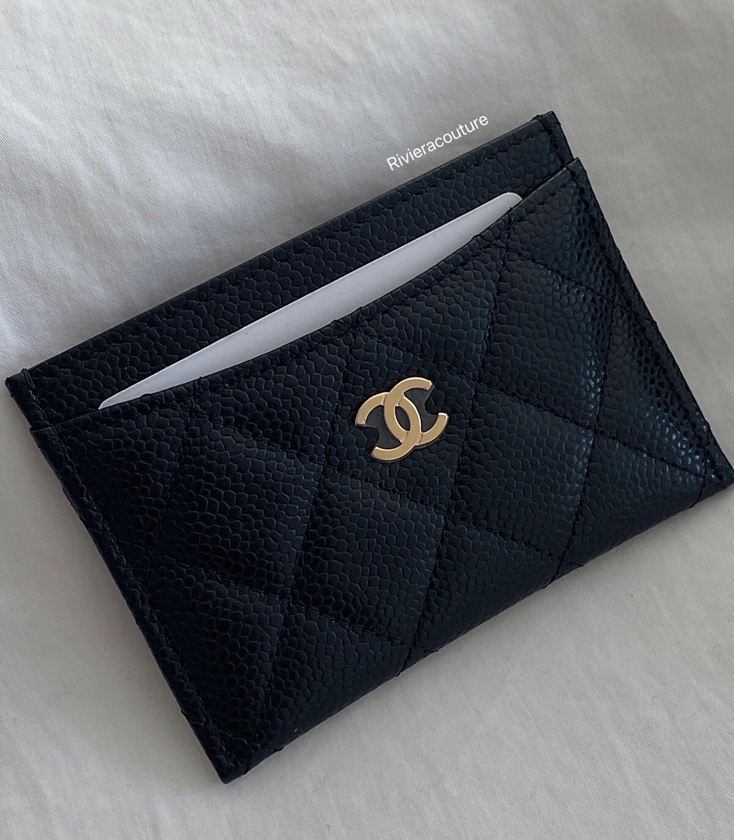 Rev Chanel Classic Quilted Caviar Black Cardholder Gold Flat