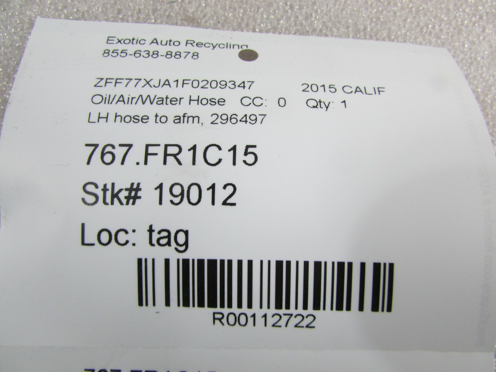 Ferrari California, LH, Left Air Hose to Air Flow Meter,  Used, P/N 296497