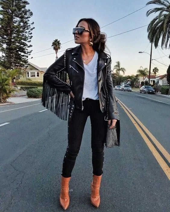 Fringe Leather Jacket Women Black Biker Moto Size S M L XL XXL 3XL Custom Made - Image 4 of 4