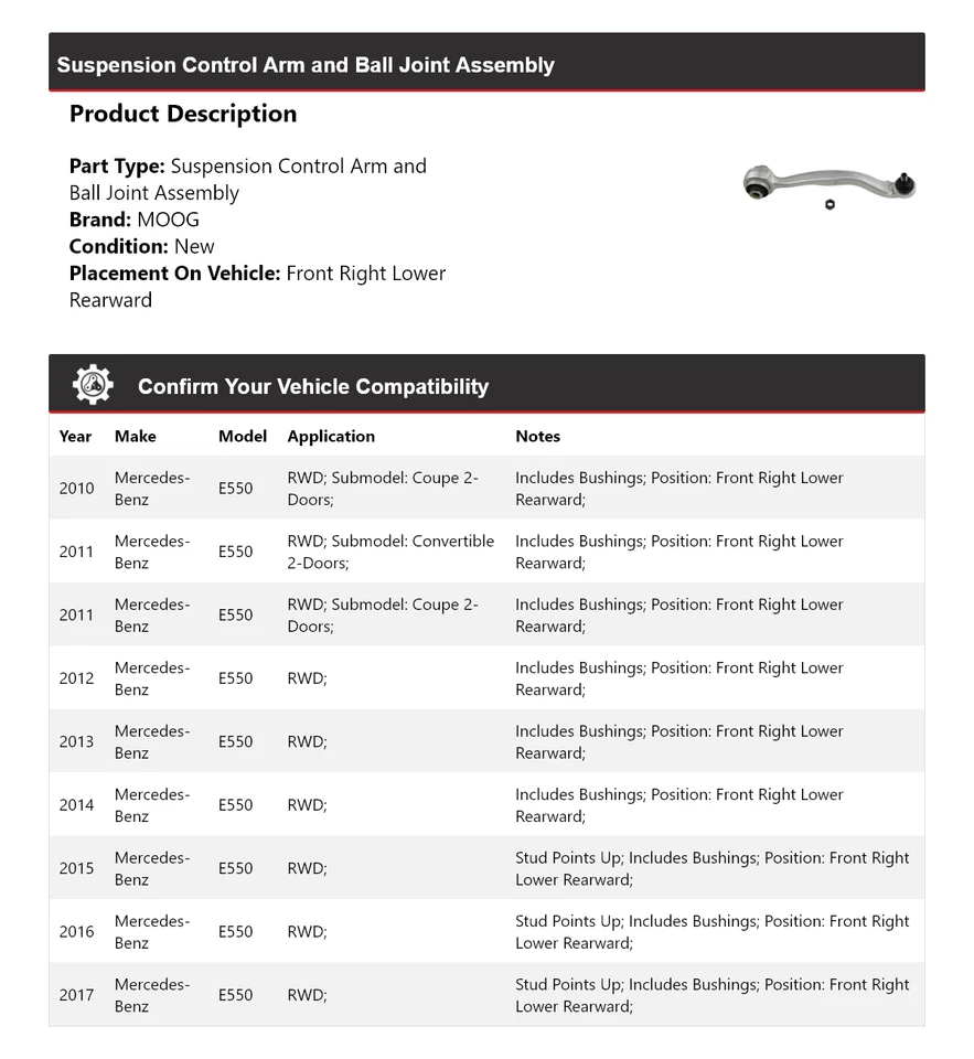 Brazo de control delantero derecho inferior trasero MOOG para Mercedes-Benz E550 2010-2017 tracción trasera Foto 2 de 4