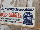 VINTAGE PABST BEER PORCELAIN SIGN OLD BLUE RIBBON BOXING JOE LOUIS vs. CHARLES