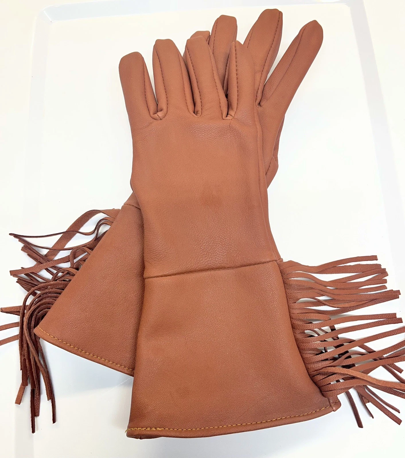 Tobacco Brown Goatskin Fringe Gauntlet Gloves - Size SMALL - Unisex