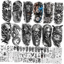 73 Sheets Black Wolf Lion Temporary Tattoos For Men Women, Halloween WolfLion