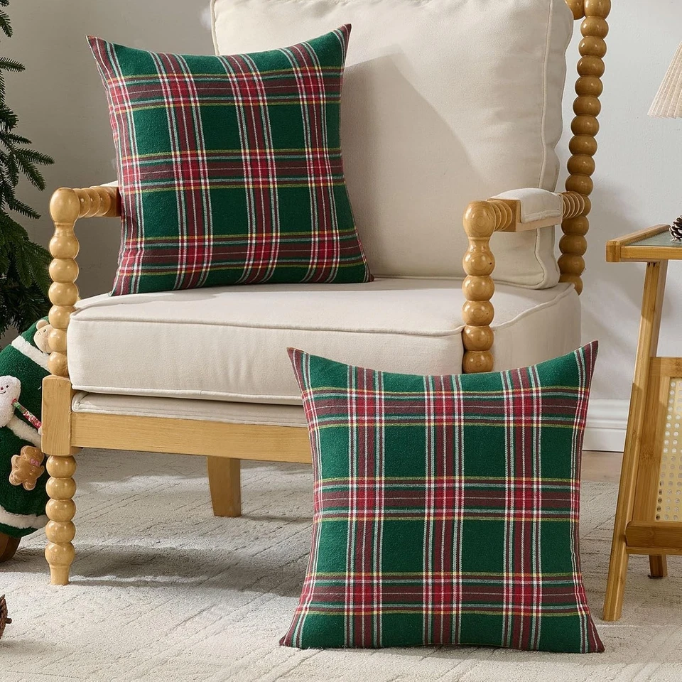 Pack de 2 Fundas de Almohada Decorativas a Cuadros de Navidad Cojín Escocés Tartán Foto 4 de 4