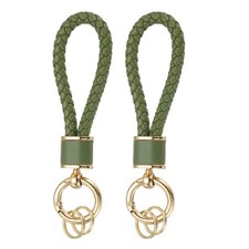 2 Pack Braided Leather Keychain for Car Bag Wallet, Gold/Olive Green