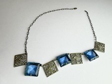 Antique Art Deco Blue Glass Filigree Necklace 13” Silver Tone AS IS