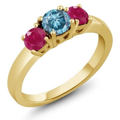 18K Yellow Gold Plated Silver Blue Lab Grown Diamond and Ruby Engagement Ring