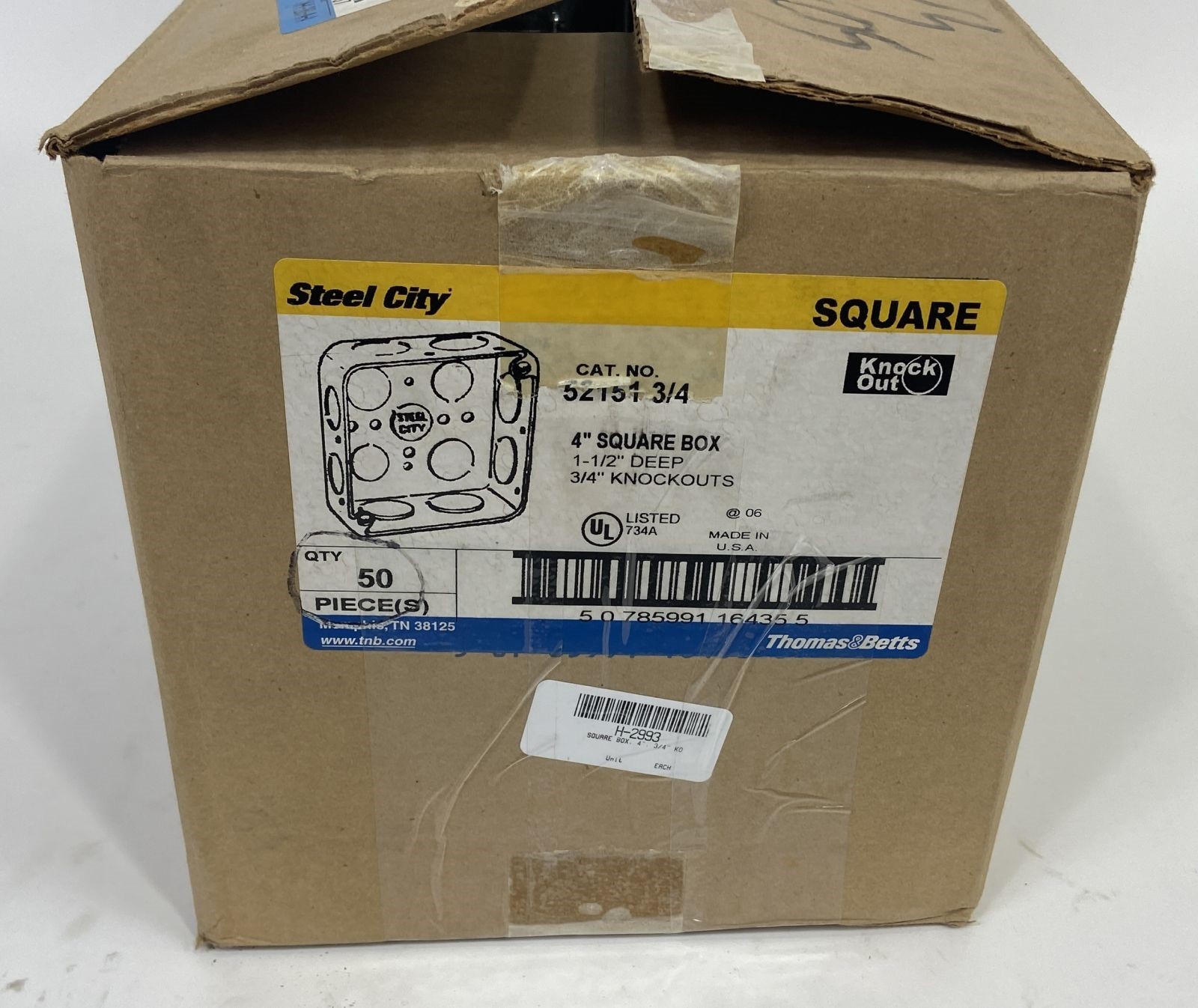 Lot of (50) Steel City 52151-3/4 Drawn Style Outlet Boxes 4x4x1-1/2" 