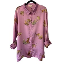 Umgee Womens XL Lavender Purple Leopard Print Button Down Blouse Long Sleeve Top