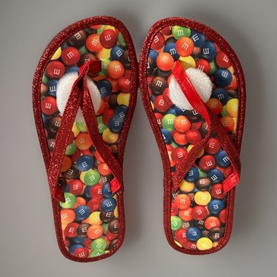 M&M s Women s Size S/P (5-6) Candy Ruby Red Sparkle Glitter Flip Flops New