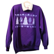 Vntg Embossed Snow Scene Double Collared Sweatshirt X-Mas Trees Purple XL USA