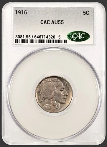 1916 Buffalo Nickel 5C CAC AU 55