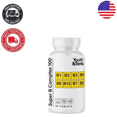 Super B Complex Vitamins for Hair, Skin, Energy & Stress Management   30 Count