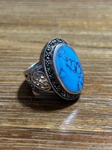 Solid 925 Sterling Silver Oval Turquoise Signature Ring