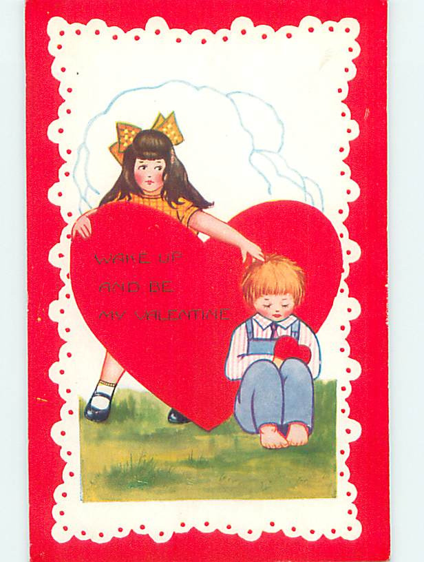 Pre-Linen valentine CUTE GIRL TOUCHES SLEEPING BOY ON HIS HEAD 60k cards HJ2452