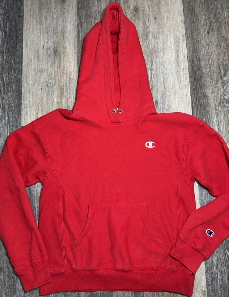 Женская толстовка с капюшоном обратного плетения Champion маленький красный пуловер флис - Изображение 2 из 4