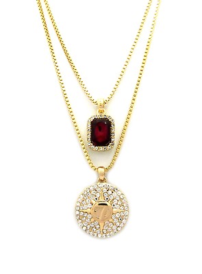 Hip Hop Red Gemstone, 7 Star Pendant Box Chain 2 Necklace Set RC1280