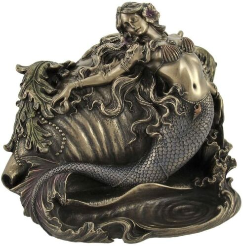 Mermaid & Conch Shell Trinket Box Nautical Décor Statue Bronze Color - Picture 1 of 5