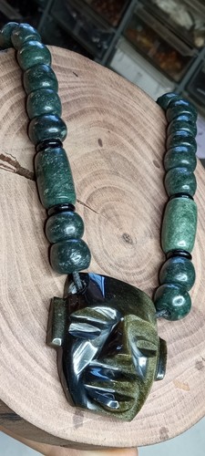 Aztec Teotihuacan Gold Obsidian handmade mask adjustable necklace.