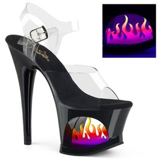 7" Black Clear Platform Stripper Shoes Pole Dancer Heels Glow Dark Fire Flames