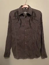 Roar Mens Size Large Shirt Gray Purple Button Down Long Sleeve Embroidered (D279
