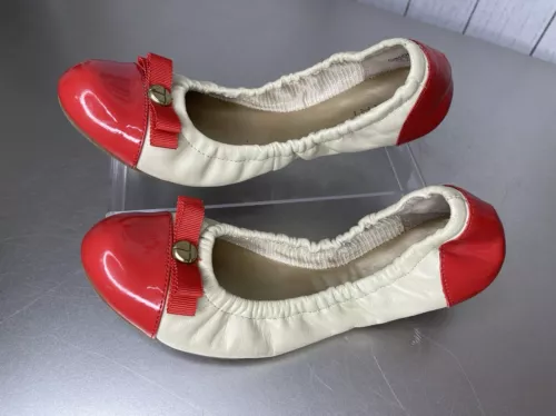 Tahari Gibson Leather Ballet Flats Elastic Eggshell Coral Red Patent Sz 6.5
