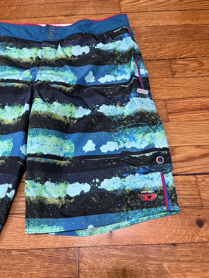 Baúl de baño Diesel Beachwear para hombre talla 32 azul a rayas colorido años 90 playa fiesta Foto 2 de 4