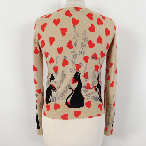 Ji Fang Beige Red Heart Print Cat Cardigan Size S/M Button Front Kawaii Novelty - Picture 3 of 7