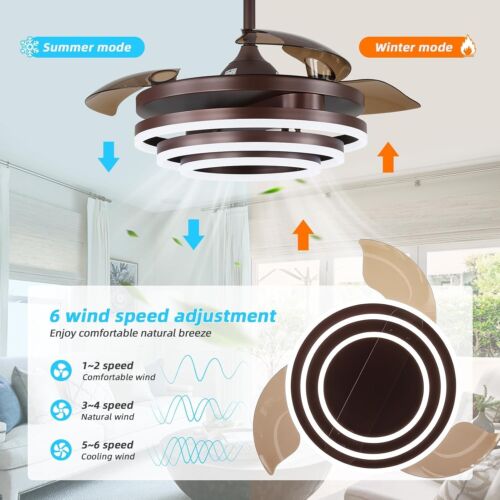 42" Modern LED Retractable Chandelier Invisible Ceiling Fan Light Lamp w/ Remote - Picture 2 of 6