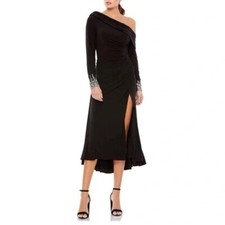Mac Duggal Womens Dress Size 4 Black One Shoulder Long Sleeve Jewel Cuffs Midi