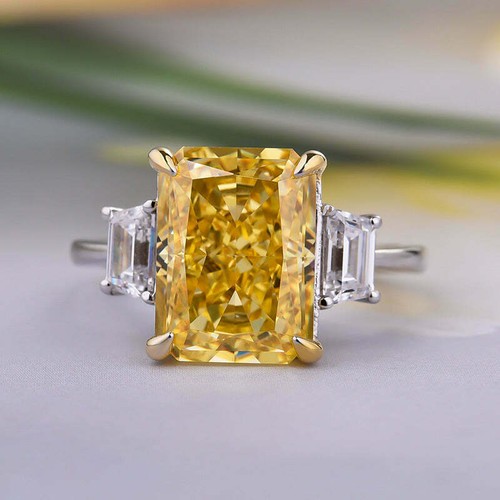 4Ct Radiant Canary Yellow Diamond Simulated Engagement Ring 14KWhite Gold Plated - Picture 1 of 9