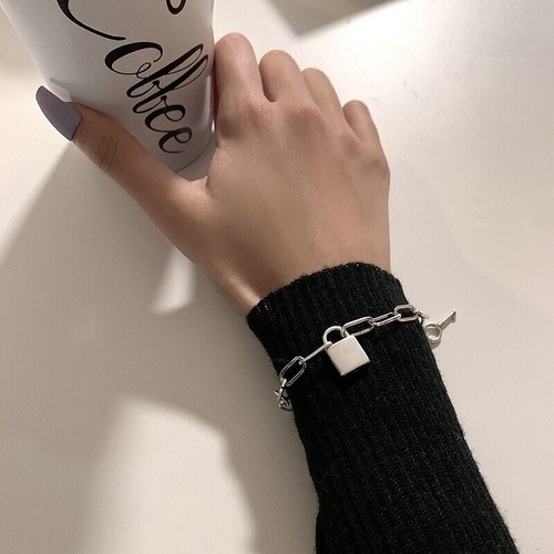 925 Sterling Silver Woman Padlock Key Tassel Bracelet Thick Chain Bangle Jewelry - Picture 4 of 9
