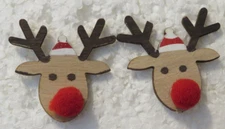 Rudolf Reindeer Wood Head Stud 1 1/2" Earrings Hand Painted Red Pom Nose