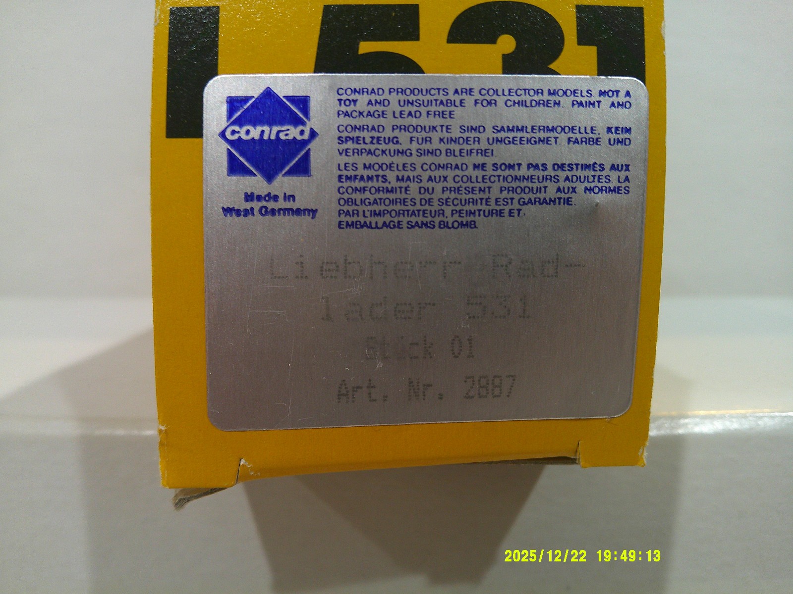 Conrad Liebherr L531 Swivel Wheel Loader #2887 1/50 Scale Very Good Box