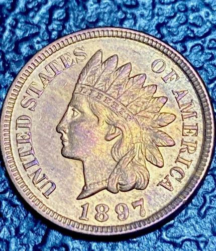UNC 1897 Indian Head Cent 100+ yrs. SHARP DETAIL 4 Diamonds Rare Purple Tone