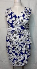 Chaps Womens XL Blue White Floral Faux Wrap Dress Ruched Sheath Stretch