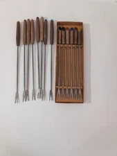 Vintage Stainless Steel Fondue Forks Set of 14 with Wood Handles Color Coded