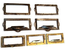 7 Vintage Card Catalog Drawer Pulls w/Label Holders - old File Cabinet Hardware