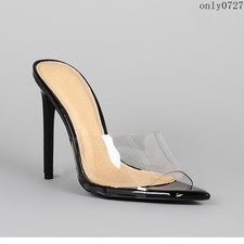 Womens Clear Slip On PVC High Stiletto Heel Open Toe Fashion Party Shoes Slipper