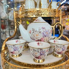 Floral Tea Set 6 Cups with Teapot & Rotating Tray Serving Set Luxury Tea Cup Set