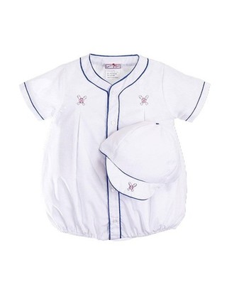 Petit Ami White Blue Boys Baseball Romper with Hat  Newborn 3 6 Months
