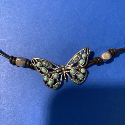 NEW FOSSIL AGED SILVER+BLUE TURQUOISE BUTTERFLY,BLACK LEATHER BRACELET