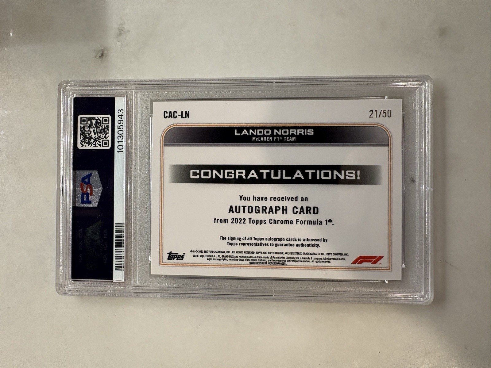 2022 Topps Chrome F1 CAC-LN Lando Norris Gold Wave Refractor Auto PSA 9 /50 view 2