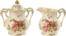 YOLIFE Ceramic Sugar and Creamer Set, Vintage Porlcelain Small, Pink Rose 