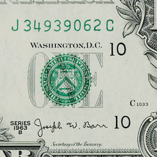 1963 B Joseph Barr Note 1 Dollar Bill FR 1902 6.4M Run J34939062C