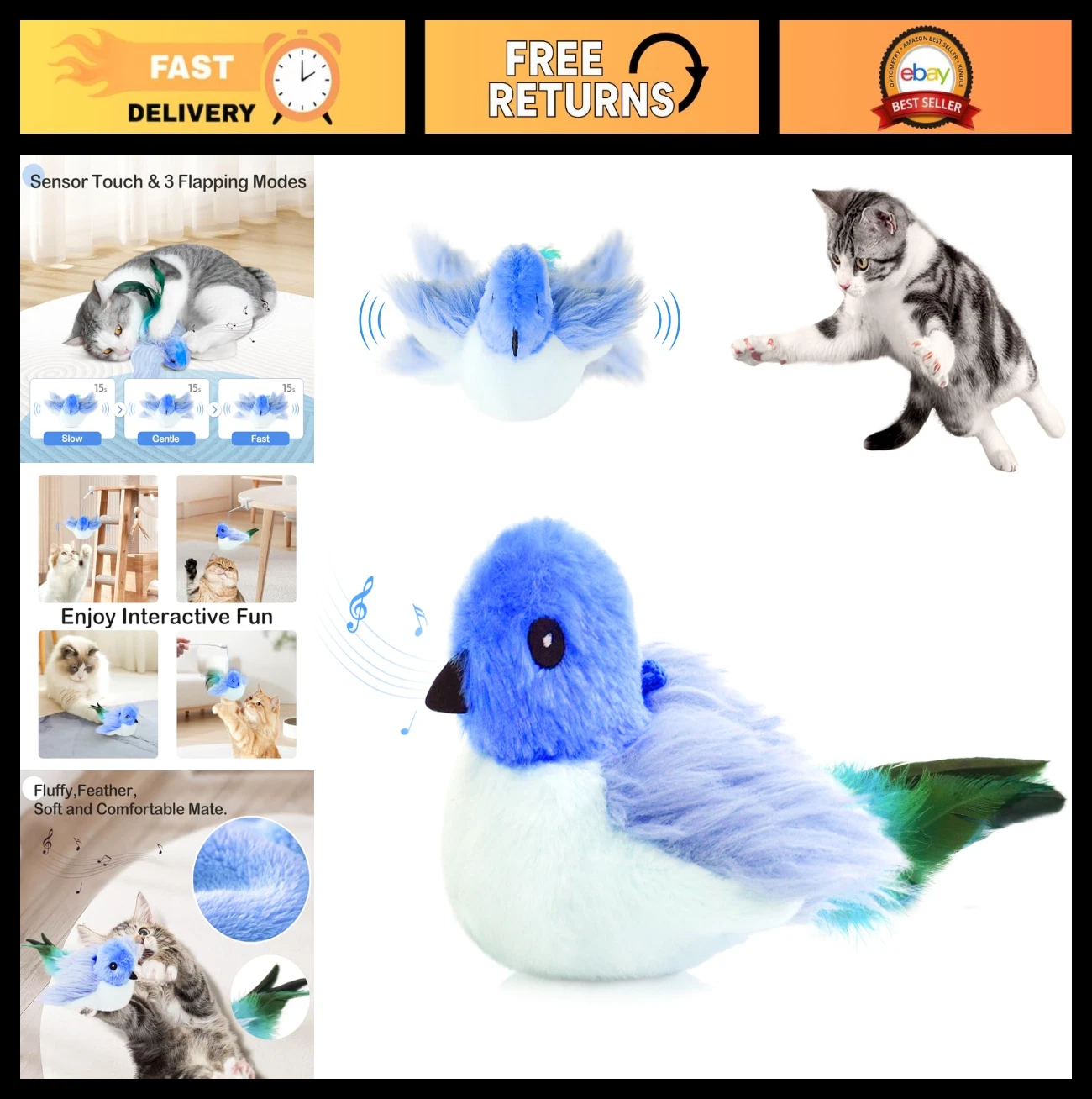 Interactive Flapping Bird Cat Toy with Rod, Clamp, Elastic String & Catnip - Rec
