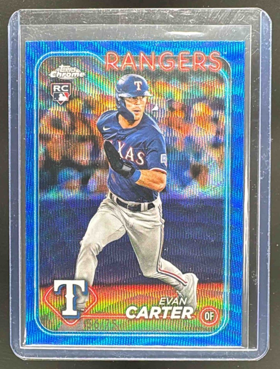 Evan Carter 2024 Topps Chrome #136 Blue Wave Refractor Rookie RC /75