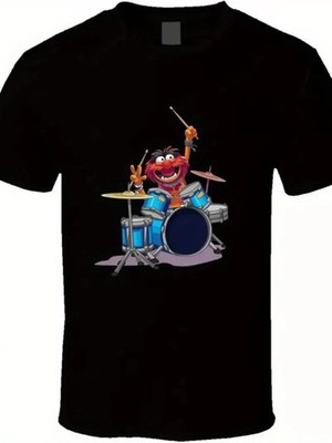 Men's Muppets Animal Drums Graphic T-Shirt - Black Short Sleeve Cotton Crew Neck